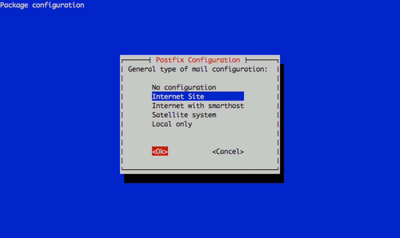 Selecting the Postfix mail server configuration type on a Debian 6 (Squeeze) Linode. Selecting the Postfix mail server configuration type on a Debian 6 (Squeeze) Linode.