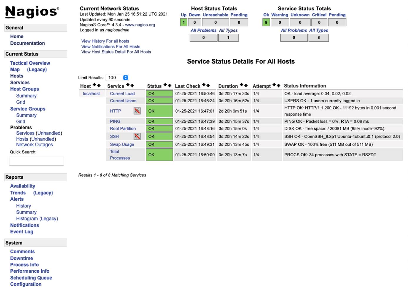 Nagios page detailing the services running Nagios page detailing the services running