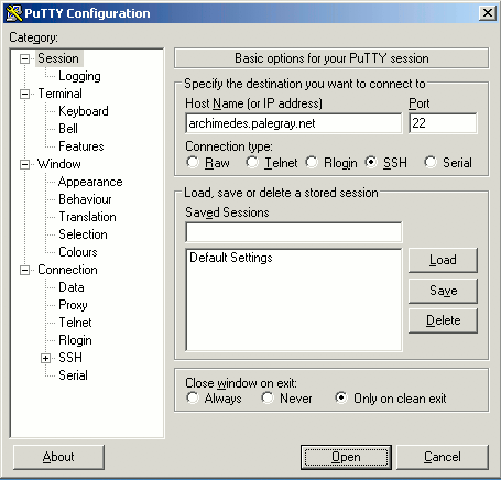 The session login screen in PuTTY on Windows. The session login screen in PuTTY on Windows.