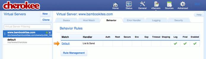 The Behavior tab on the vServers page of the Cherokee admin panel on Fedora 13.