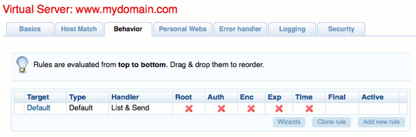 Behavior rules list in Cherokee admin panel on Ubuntu 10.04 LTS Behavior rules list in Cherokee admin panel on Ubuntu 10.04 LTS
