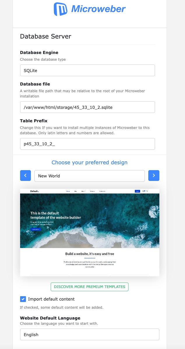 Screenshot of the Microweber installation GUI Screenshot of the Microweber installation GUI