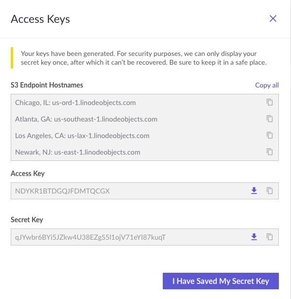 The access key and secret key displayed within Cloud Manager The access key and secret key displayed within Cloud Manager